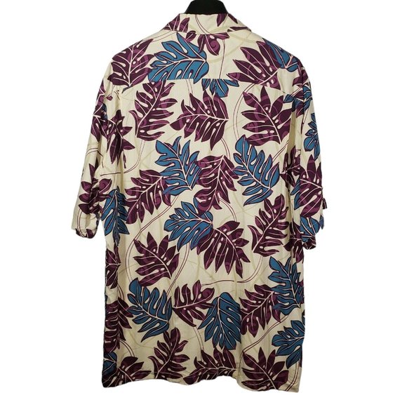 Hilo Haitti Button Up Hawaiian Shirt Cream Purple Blue Palm Tree Leaves Tropical - Picture 3 of 4
